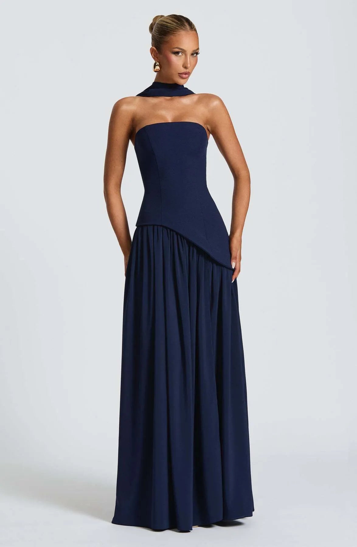 Strapless Asymmetric Drop Waist High Split Maxi Dress with Scarf 46