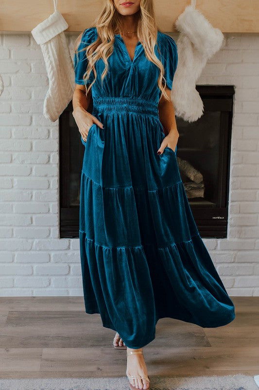 Paula Statement Women's Maxi Dress with Short Sleeves and Ruched Waist Boutique Edit