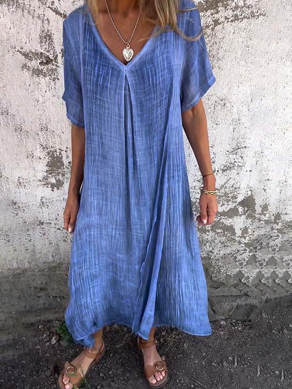 Deep V-Neck Short Sleeve Crinkled Pleat Front Relaxed Kaftan Maxi Dress