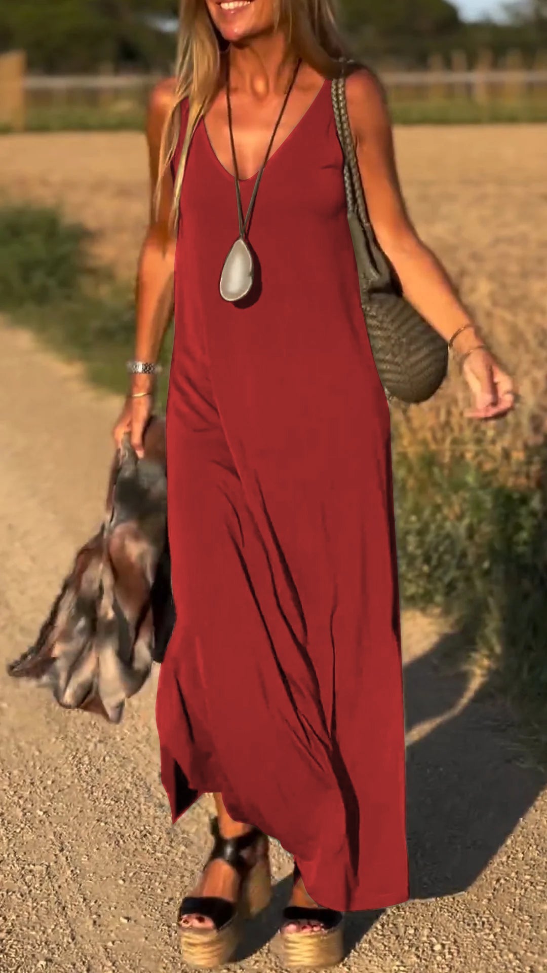 V-Neck Spaghetti Strap Side Slit Loose Maxi Dress 8