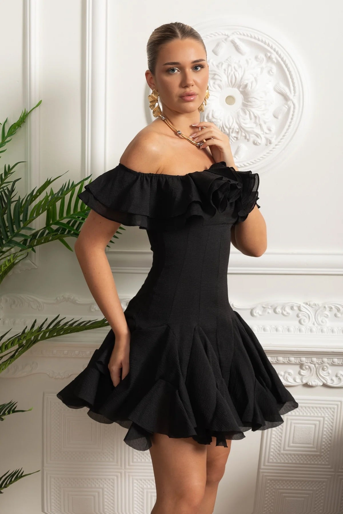 Off Shoulder Ruffle Trim Rosette Drop Waist Godet Hem Mini Dress
