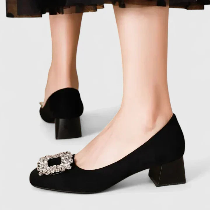 Crystal Buckle Suede Block Heel Pumps