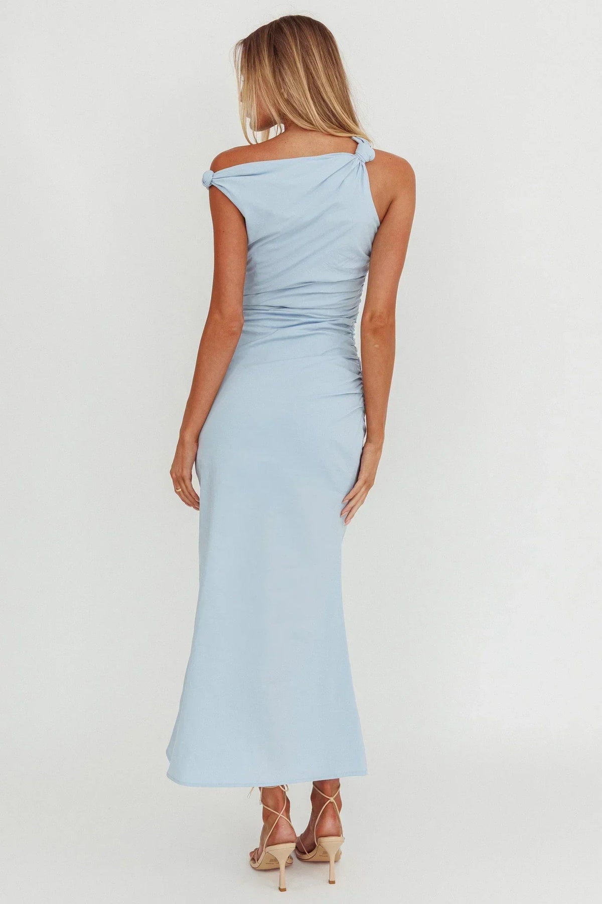 Asymmetric Neck Sleeveless Ruched Fitted Mermaid Midi Dress 3
