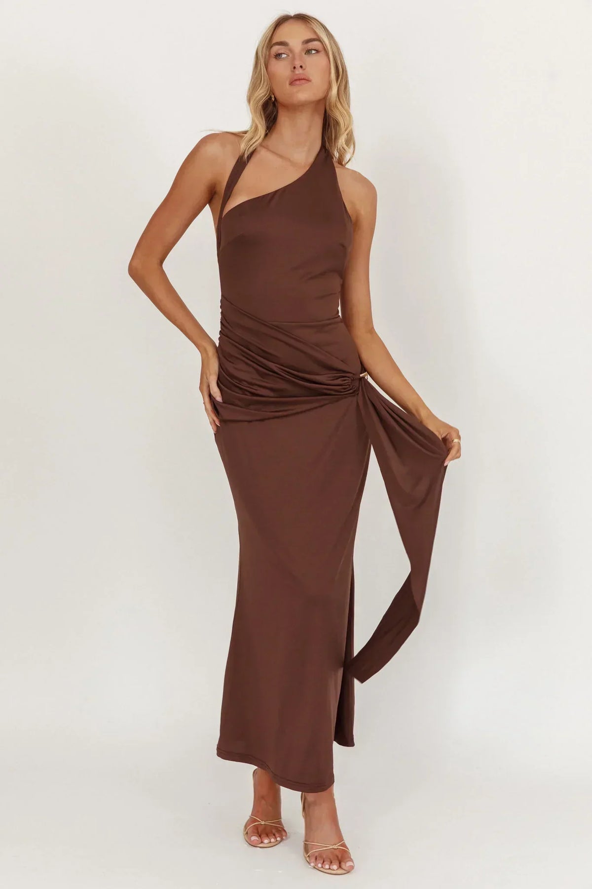 Asymmetric Halter Neck Ruched Waist Ring Detail Midi Dress 2