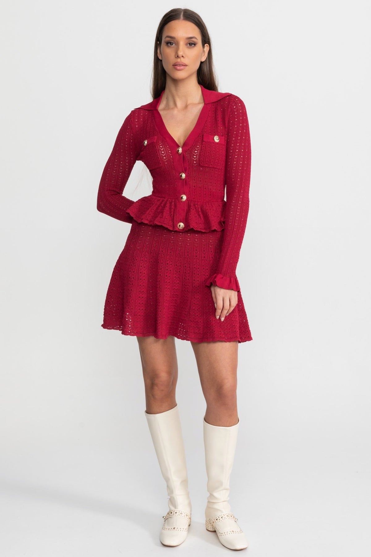 Pointelle Knit V-Neck Collared Long Sleeve Peplum Waist Flared Mini Dress 3