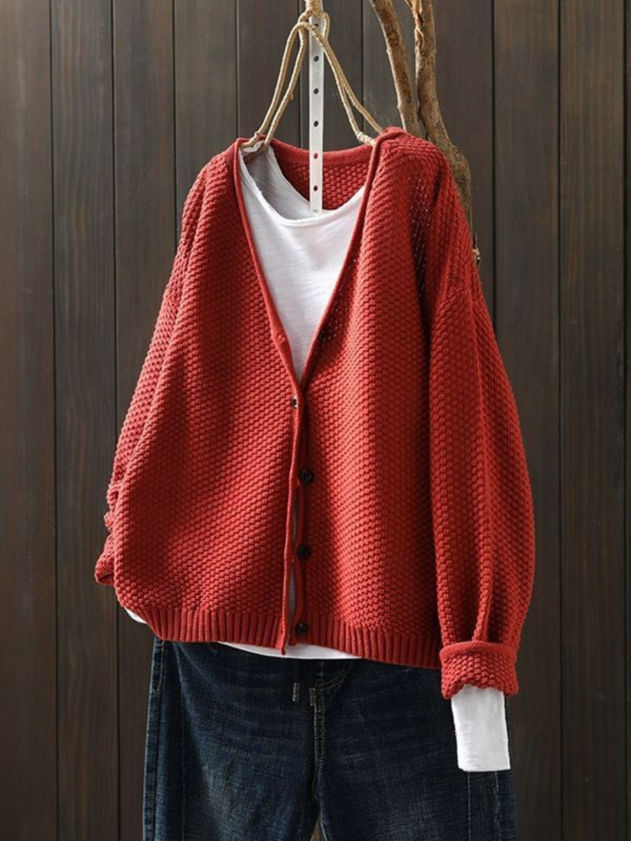 V-Neck Button Front Waffle Knit Cardigan