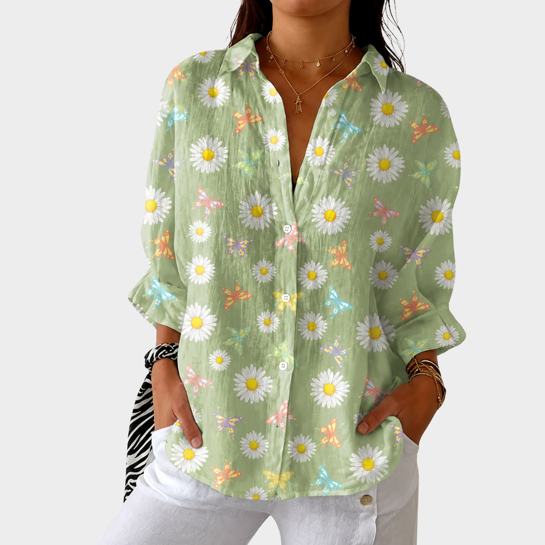 Daisy Butterfly Print Collared Long Sleeve Shirt
