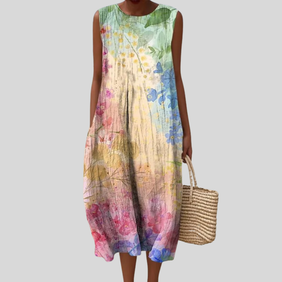 Watercolor Floral Print Round Neck Sleeveless Midi Dress