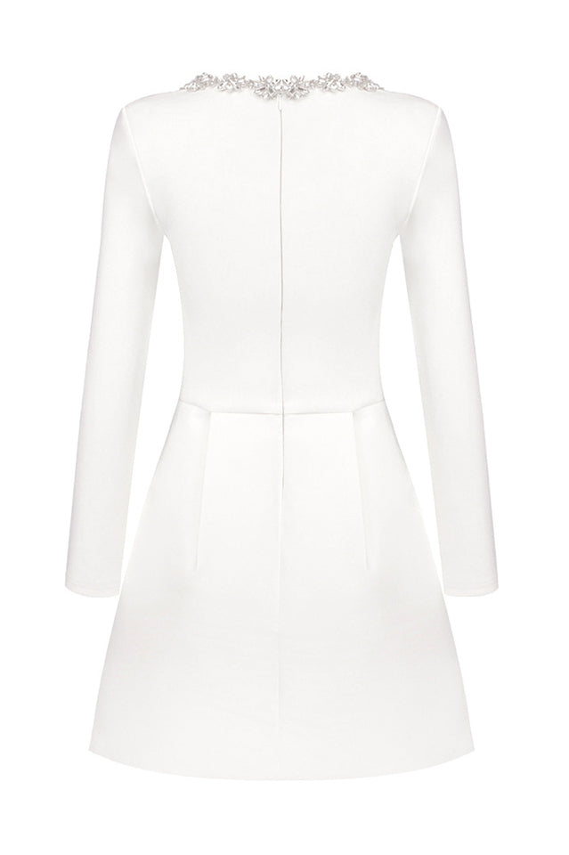 Rhinestone Trim Square Neck Long Sleeve Pleated Pocket Mini Dress