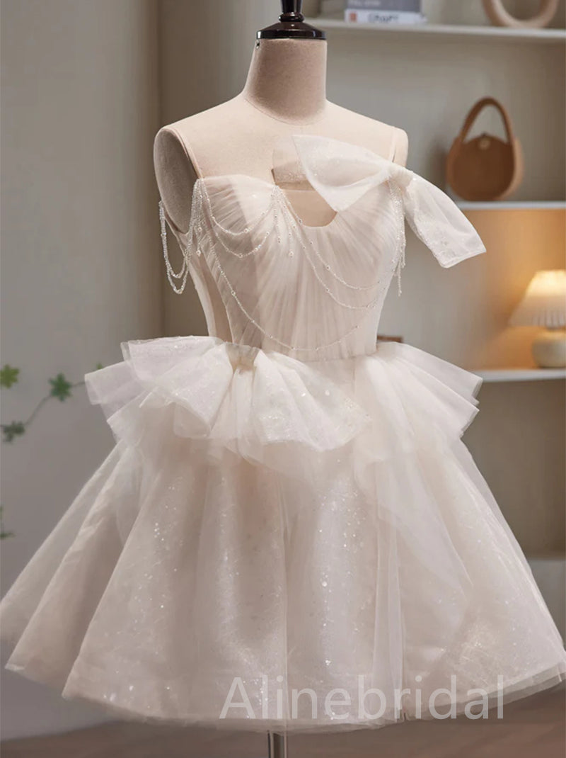 Sparkle Tulle Pearl Chain Bow Shoulder Peplum Homecoming Mini Dress