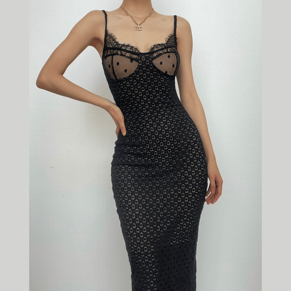 Eyelash Lace Trim Polka Dot Mesh Cup Eyelet Cami Bodycon Midi Dress