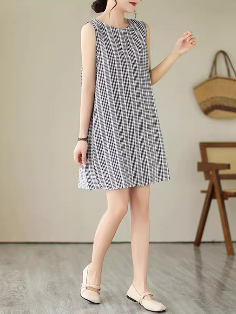 Gingham Check Vertical Stripe Round Neck Sleeveless Shift Mini Dress