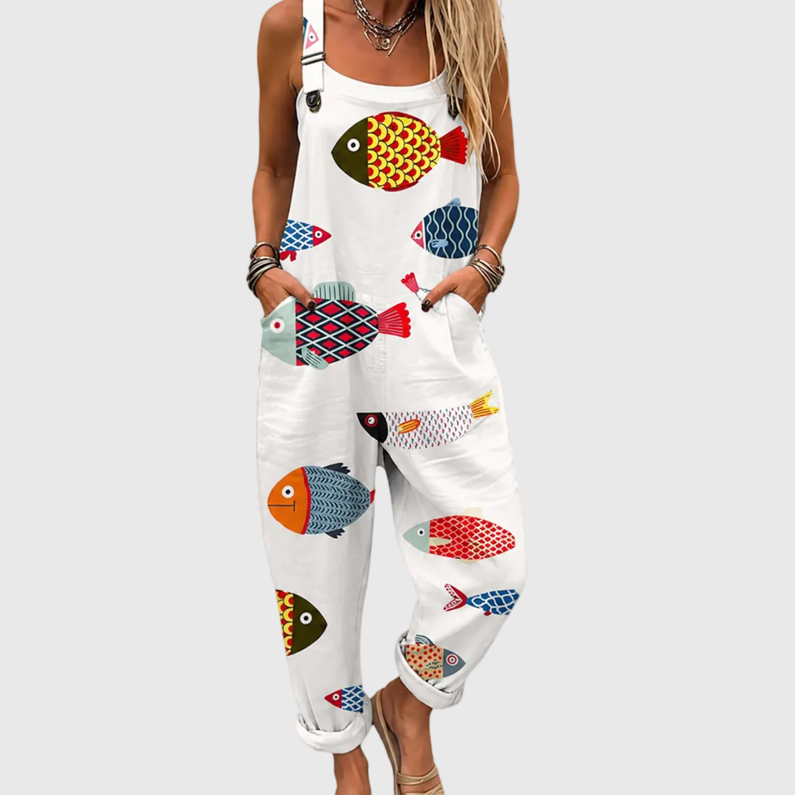 Fish Print Adjustable Strap Pocket Overall Jumpsuit