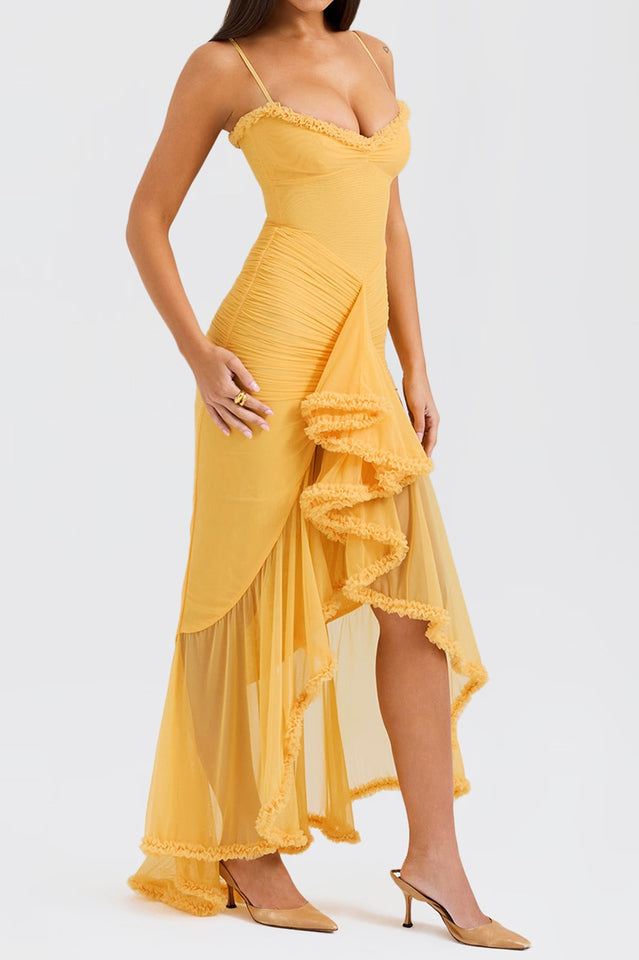 Chiffon Spaghetti Strap Sweetheart Ruched Cascading Ruffle High Low Gown