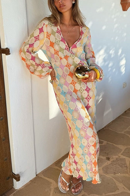Yolanda Boutique V Neck Lantern Sleeves Geometric Print Maxi Dress Premium Wardrobe Essential