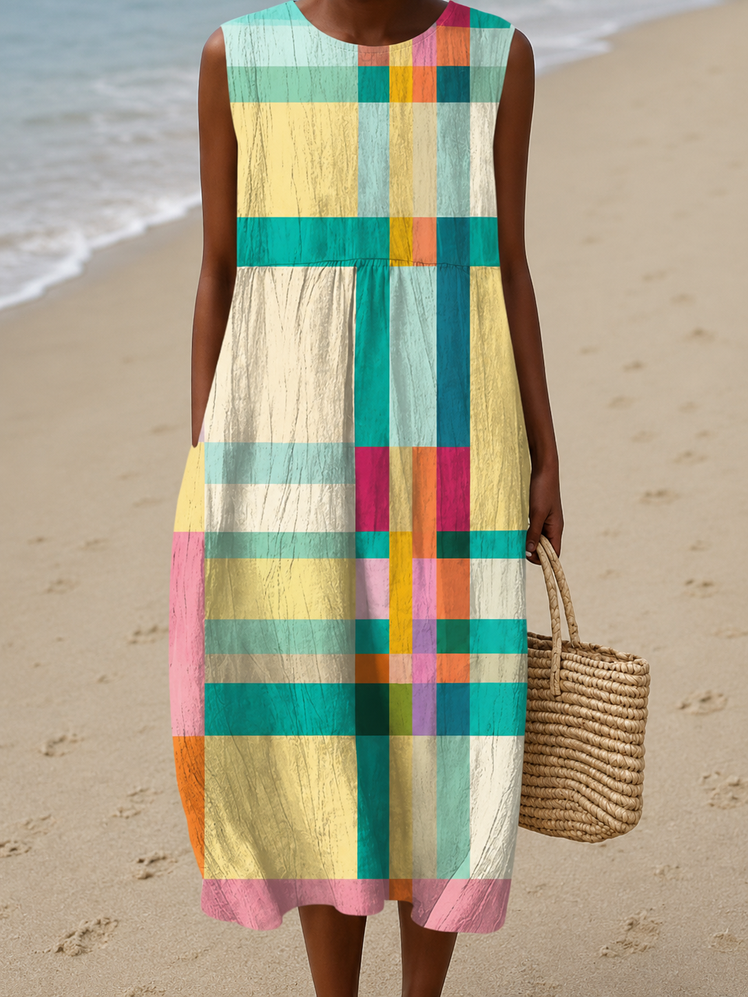 Colorblock Check Sleeveless Pocket Midi Dress