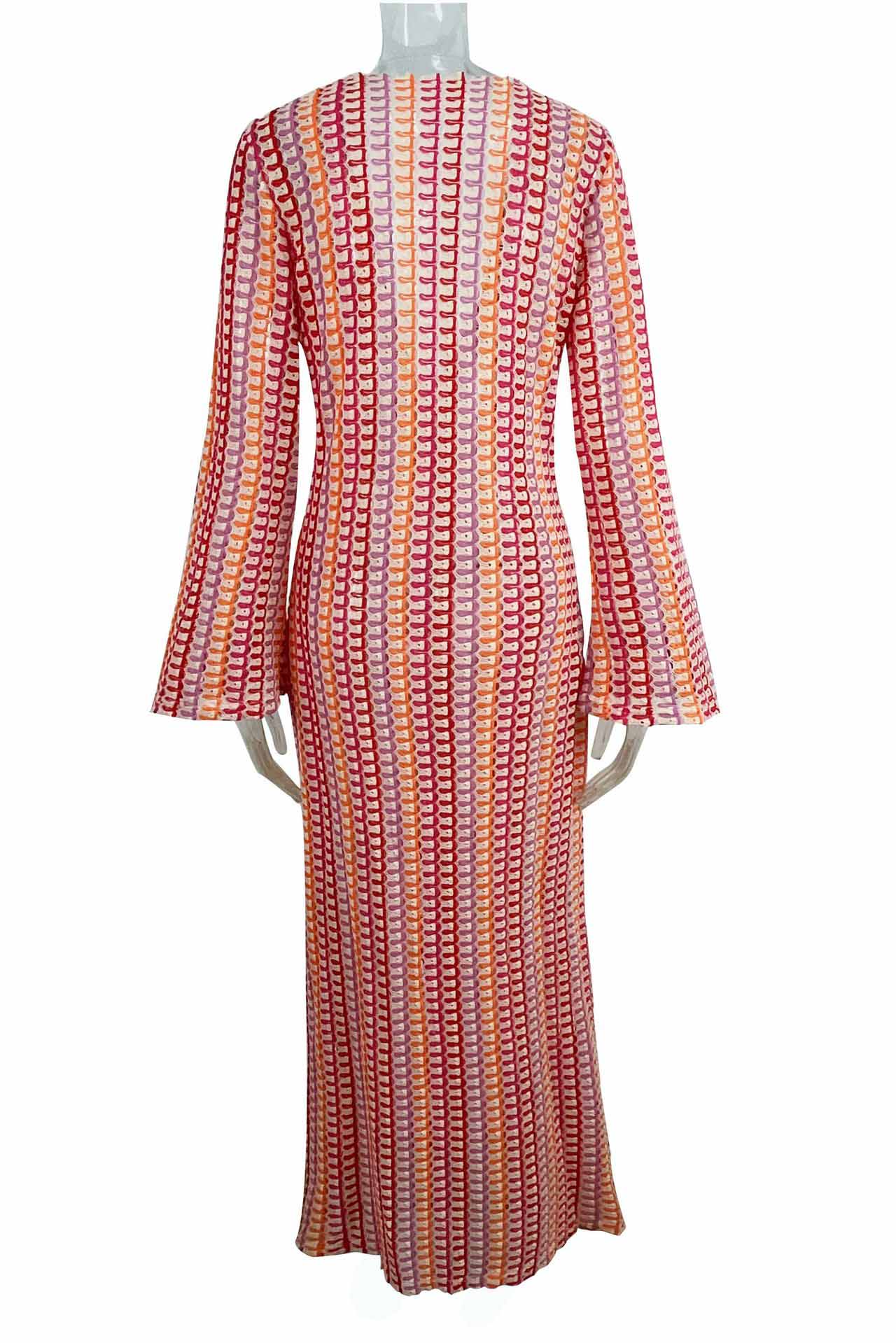 Crochet Deep V-Neck Long Sleeve Striped Boho Maxi Dress