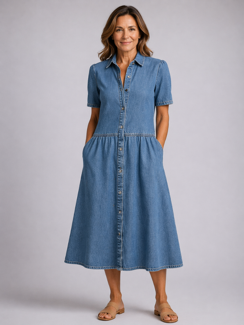 Denim Short Sleeve Button Front Midi Shirt Dress