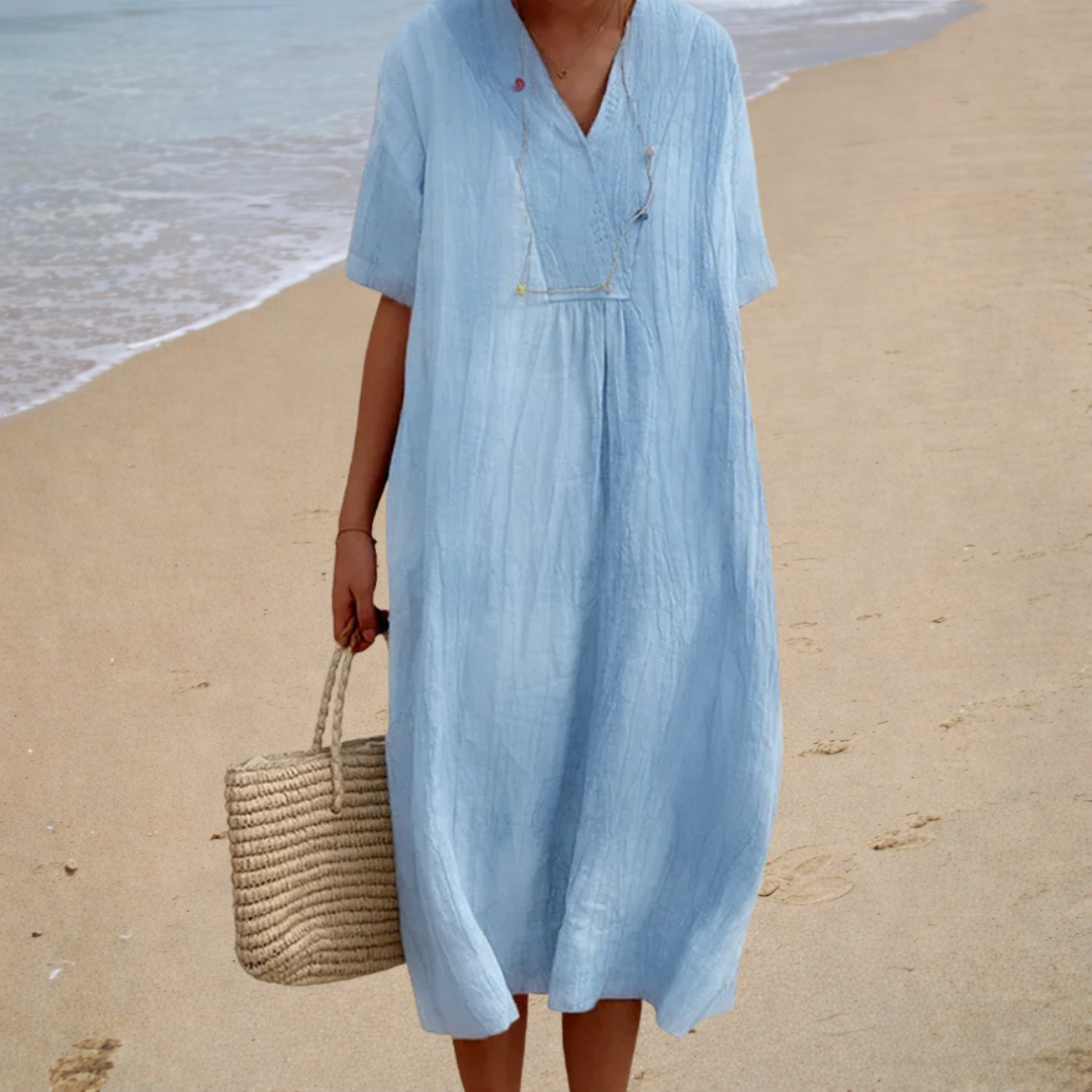 Linen Look V-Neck Short Sleeve Loose Beach Maxi Dress