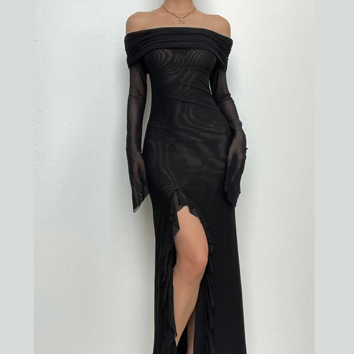 Off shoulder slit sheer mesh see through long sleeve maxi dress 2