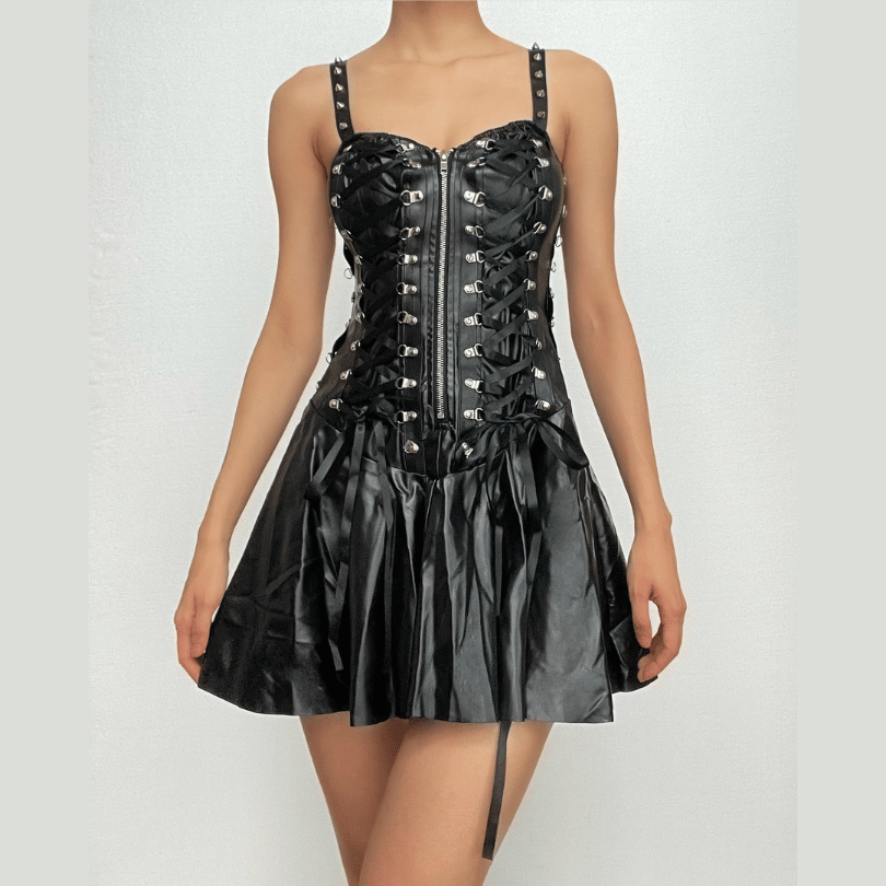 Faux Leather Lace Up Sweetheart Neck Zip Front Studded Strap Mini Dress