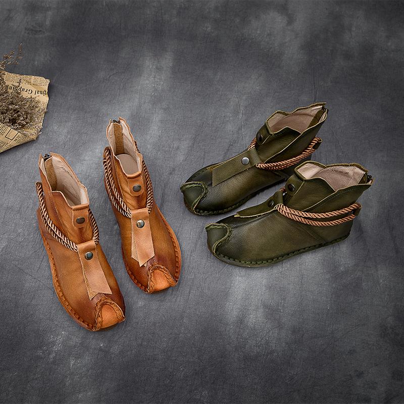 National Style Leather Short Boots For Women Rope Decoration Green/Brown