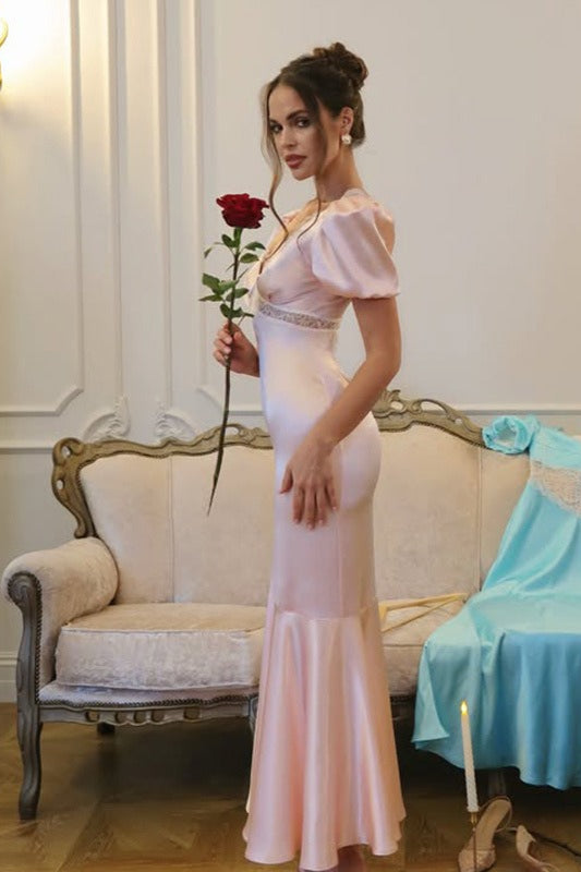 V-Neck Lace Panel Short Sleeve Slit Mermaid Lace Dress