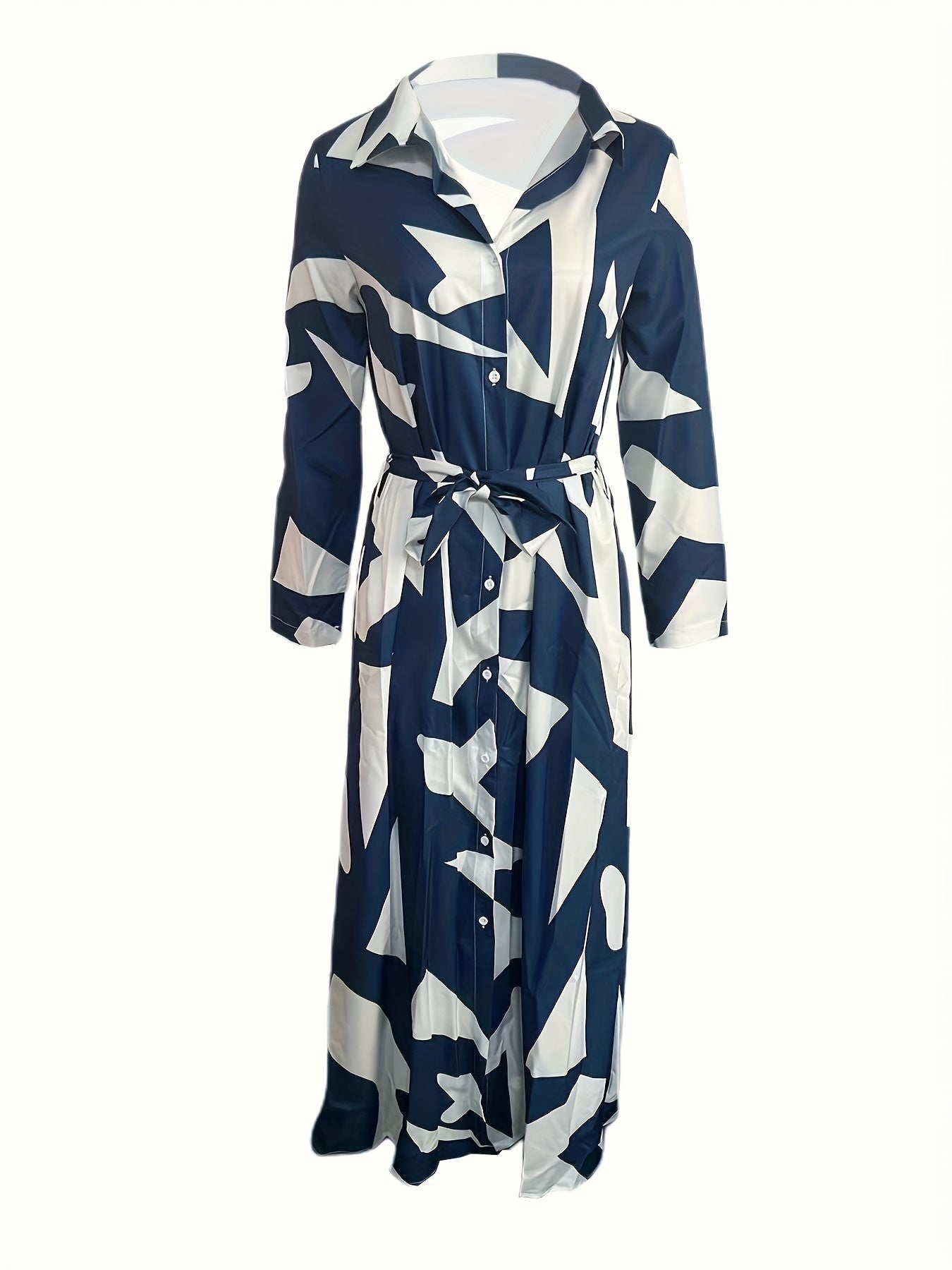 Button Down Tie Waist Long Sleeve Maxi Shirt Dress
