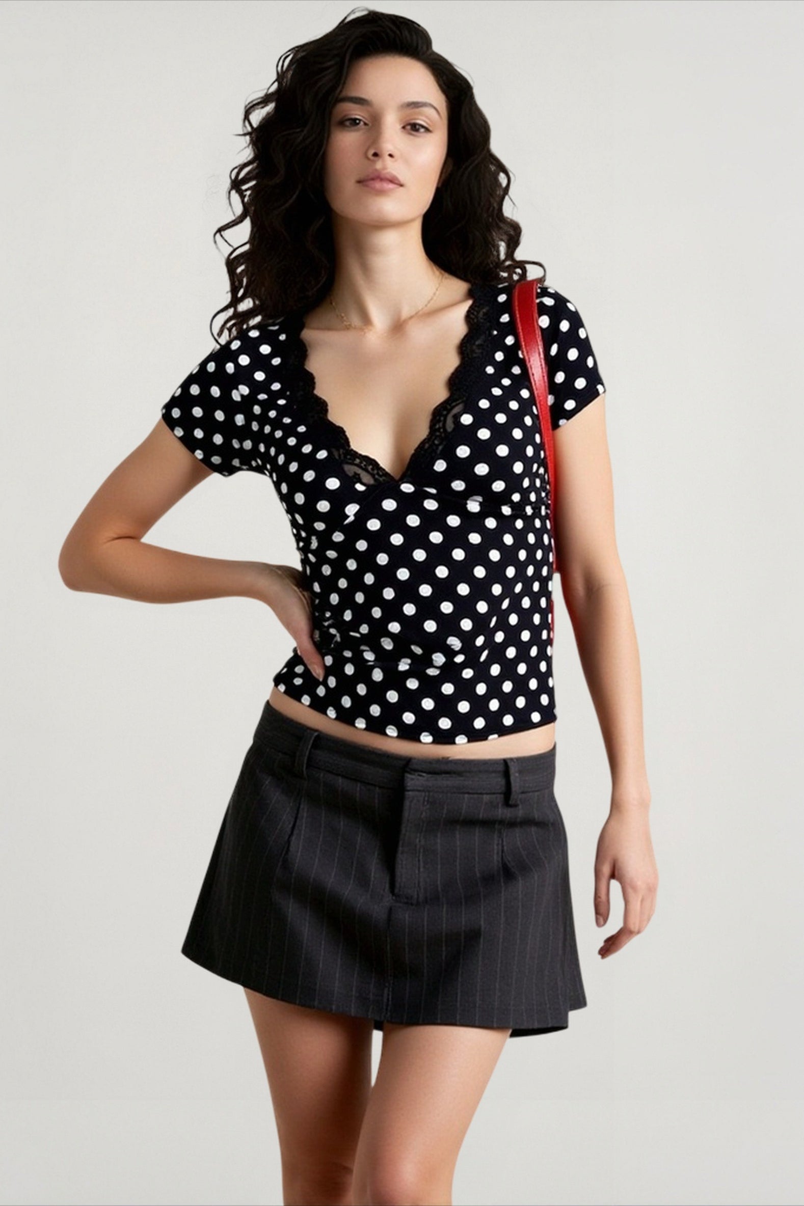 Sexy Colorblock Dot V Neck Top