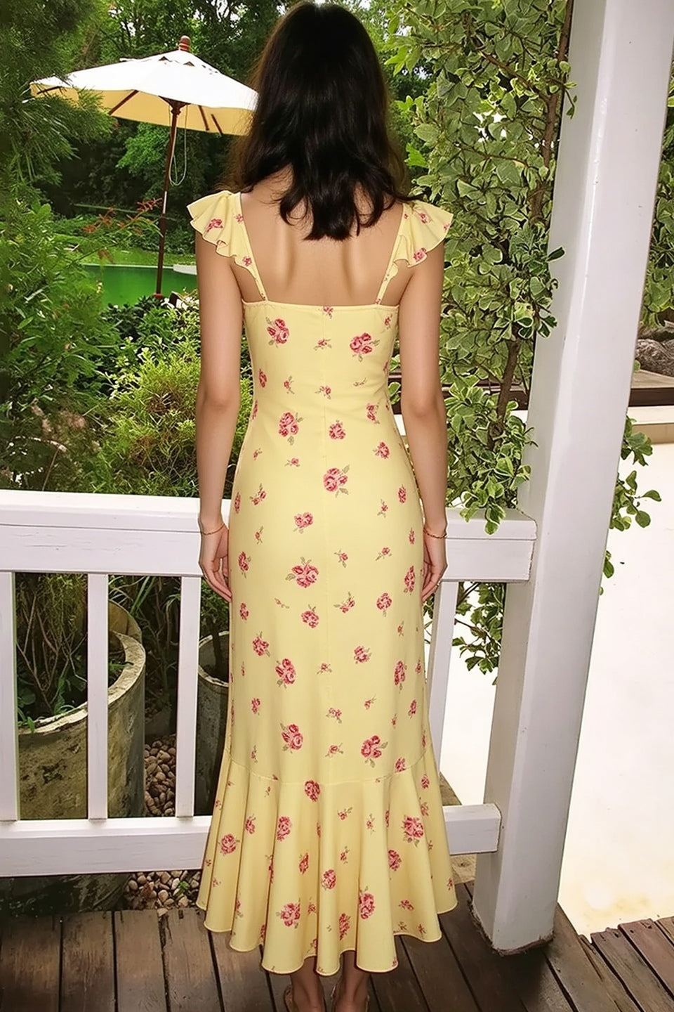 Flutter Sleeve Square Neck Floral Slip Dress
