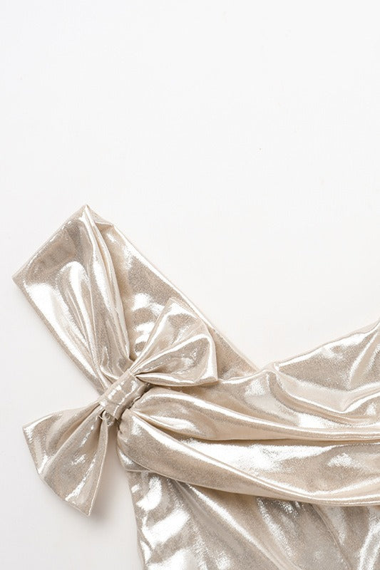 Metallic Asymmetrical Bow Shoulder Cowl Neck Ruched Drawstring Mini Party Dress