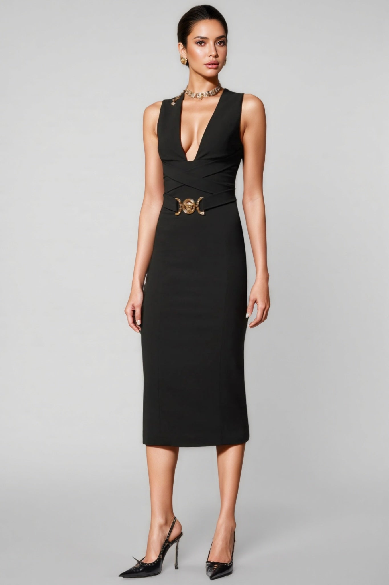 Noric Black V-Neck Bandage Midi Dress - View 2