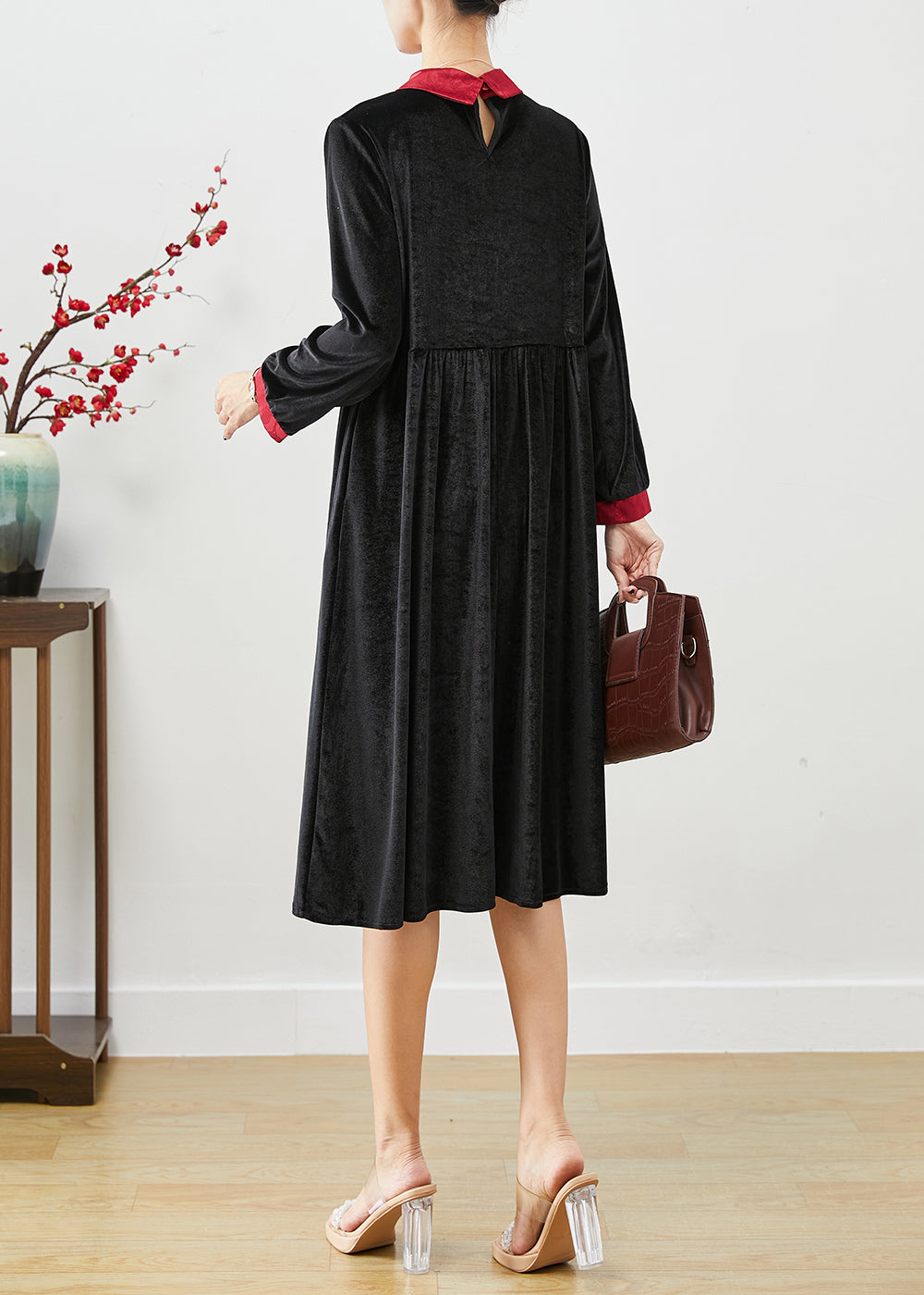 Velvet Peter Pan Collar Contrast Cuff Tie Neck Long Sleeve Empire Midi Dress