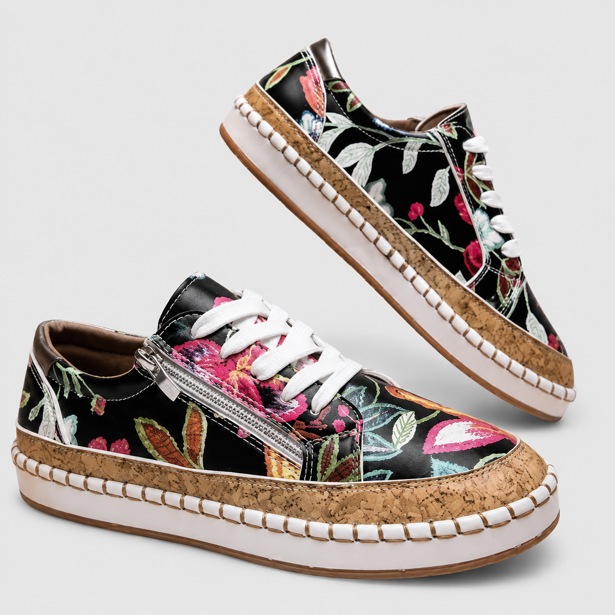 Floral Print Lace Up Side Zip Cork Platform Sneakers