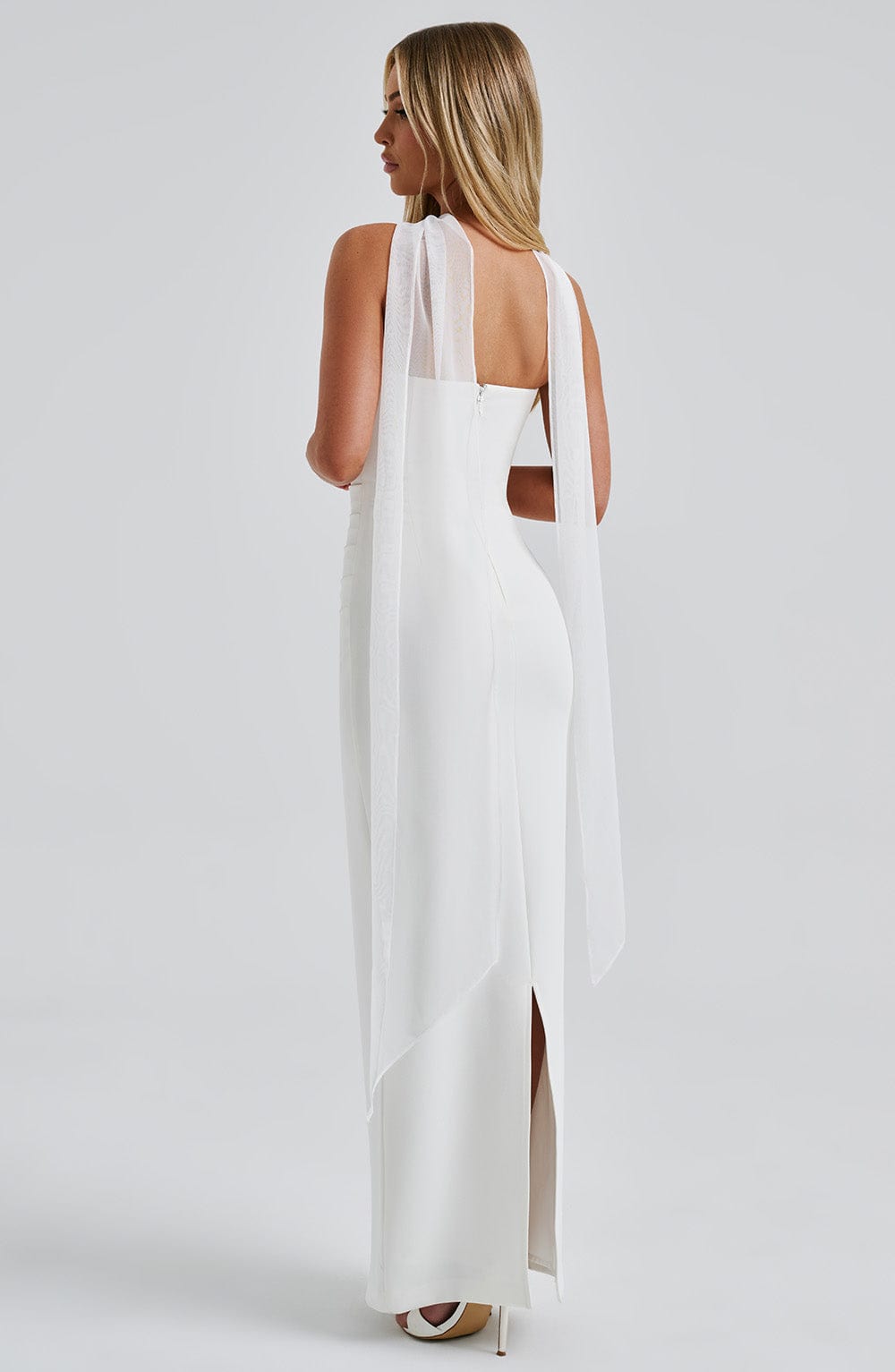 Strapless Ruched Bodycon Maxi Dress with Neck Scarf and Mesh Gloves 21