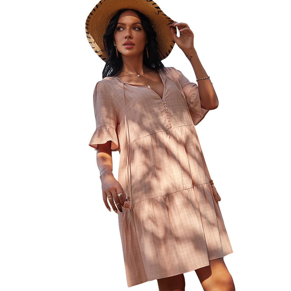 Loose Mid Waist Casual Dress Spring Summer PointSleeve Short V-neck