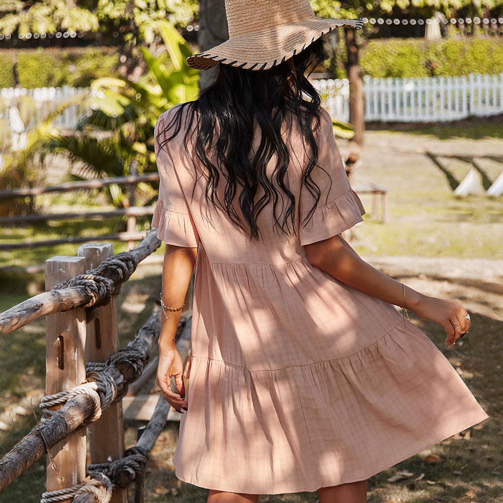 Loose Mid Waist Casual Dress Spring Summer PointSleeve Short V-neck