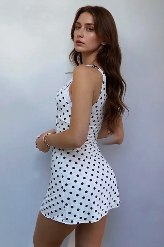 Polka Dot Waist Cinch A Line Mini Slip Dress