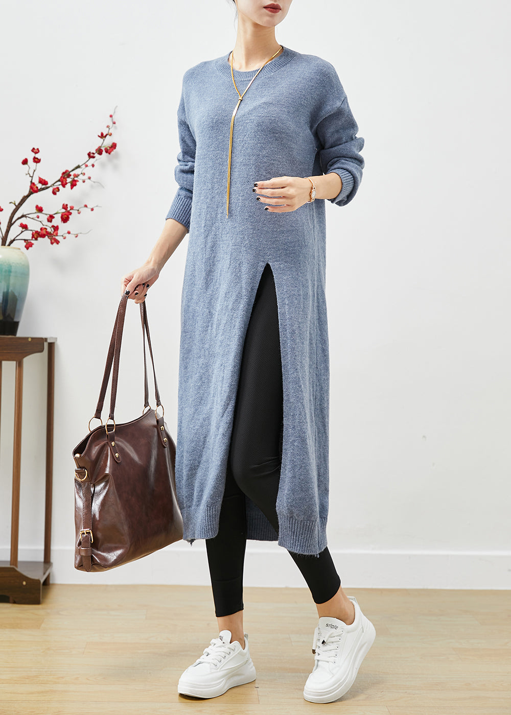Knit Crew Neck Long Sleeve Ribbed High Split Sweater Midi Dress