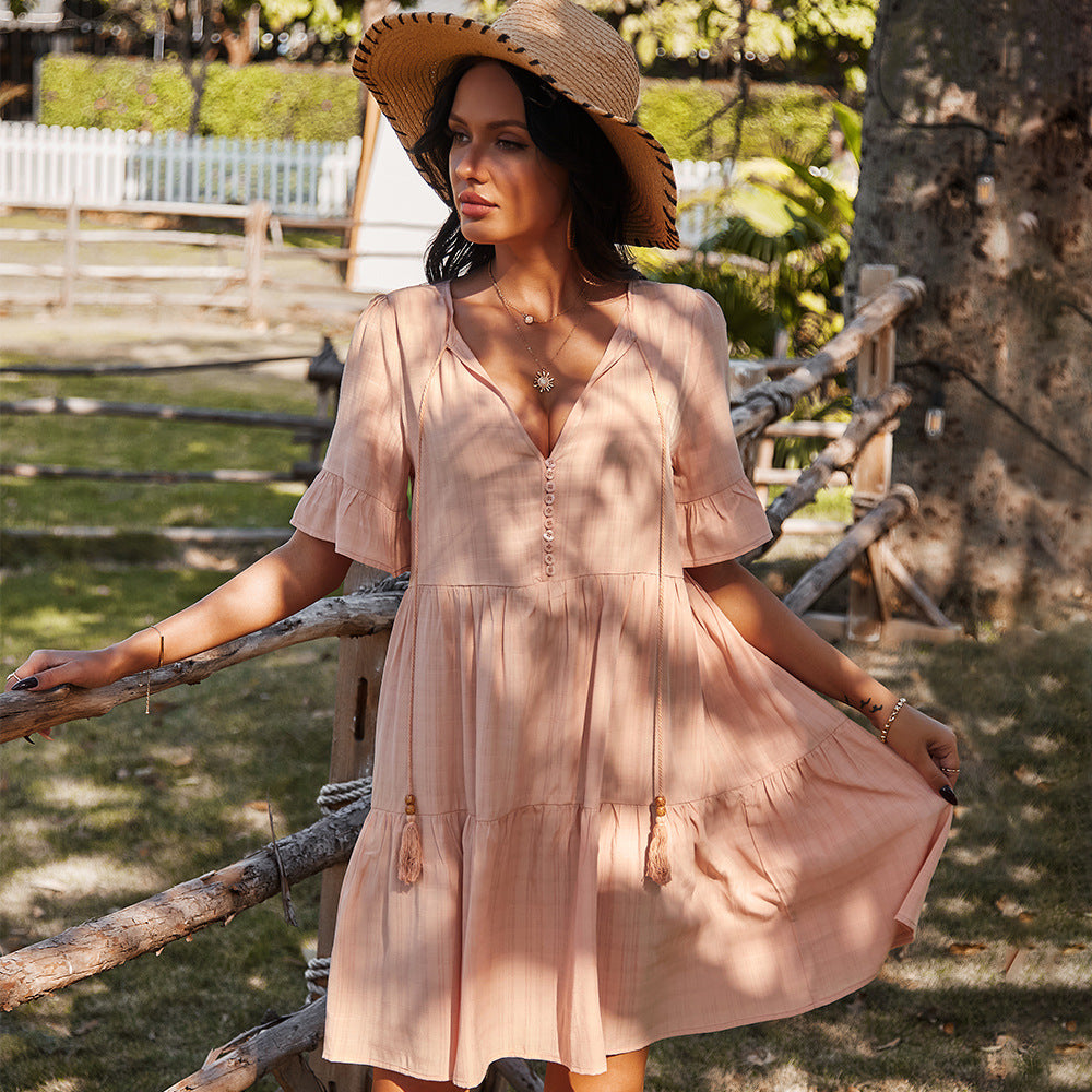 Loose Mid Waist Casual Dress Spring Summer PointSleeve Short V-neck