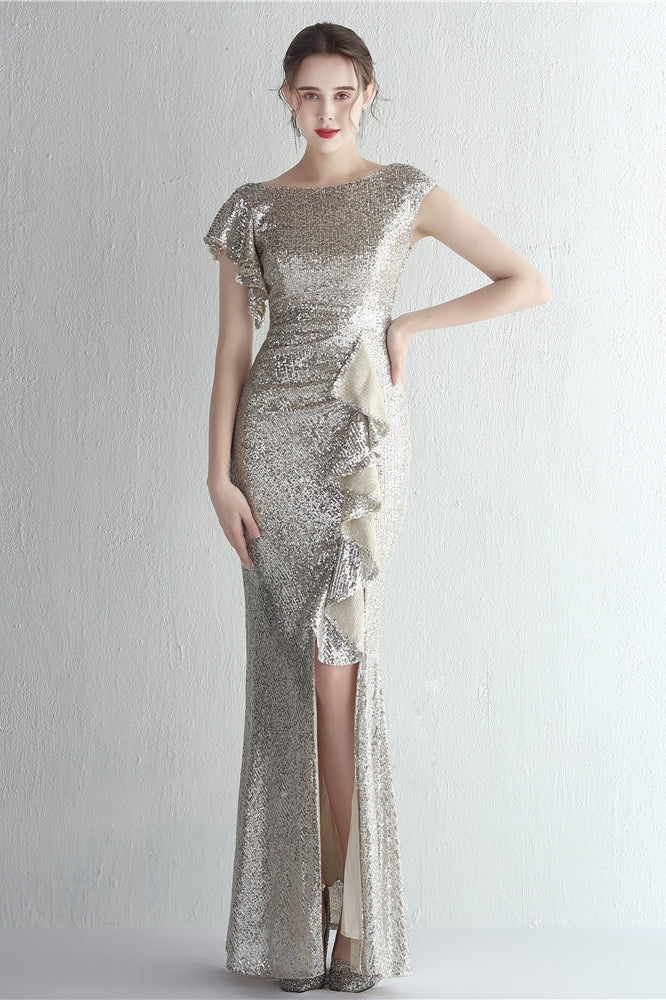 Sequin High Neck Cap Sleeve Ruffle High Split Mermaid Gown