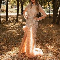 Beaded Lace High Neck Long Sleeve Open Back Mermaid Gown with Ruffle Hem 2