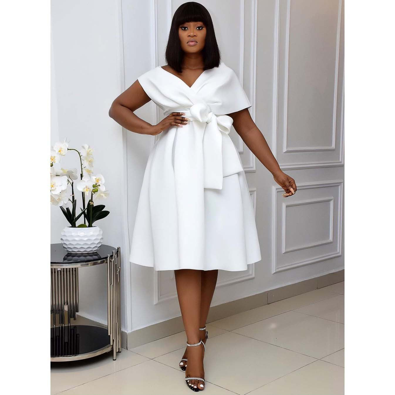 Cap Sleeve Bow Waist Box Pleat Fit and Flare Midi Dress