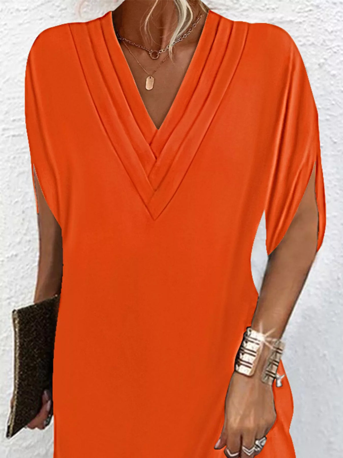 Pleated V-Neck Split Sleeve Relaxed Shift Mini Dress 15