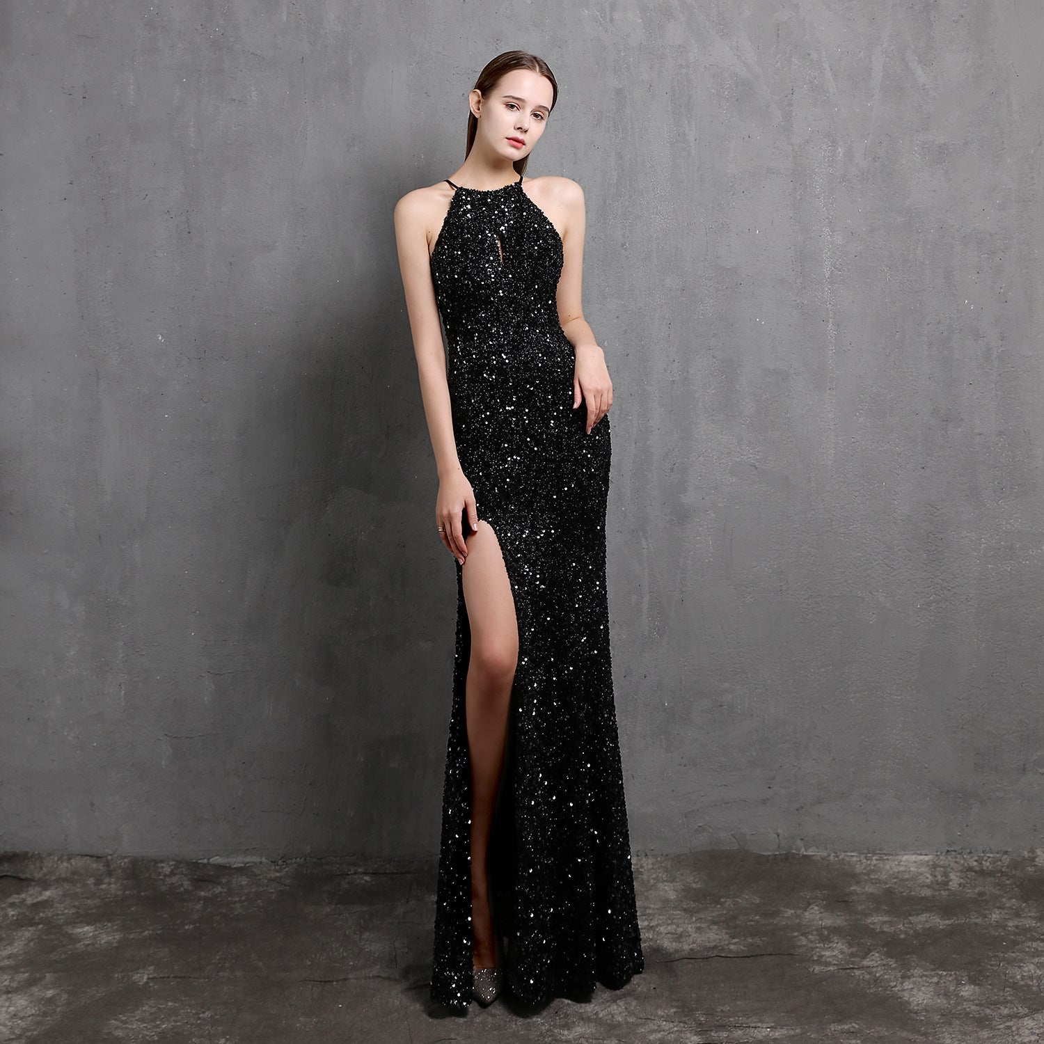 Sequin Halter Neck Keyhole High Split Mermaid Maxi Gown - View 4