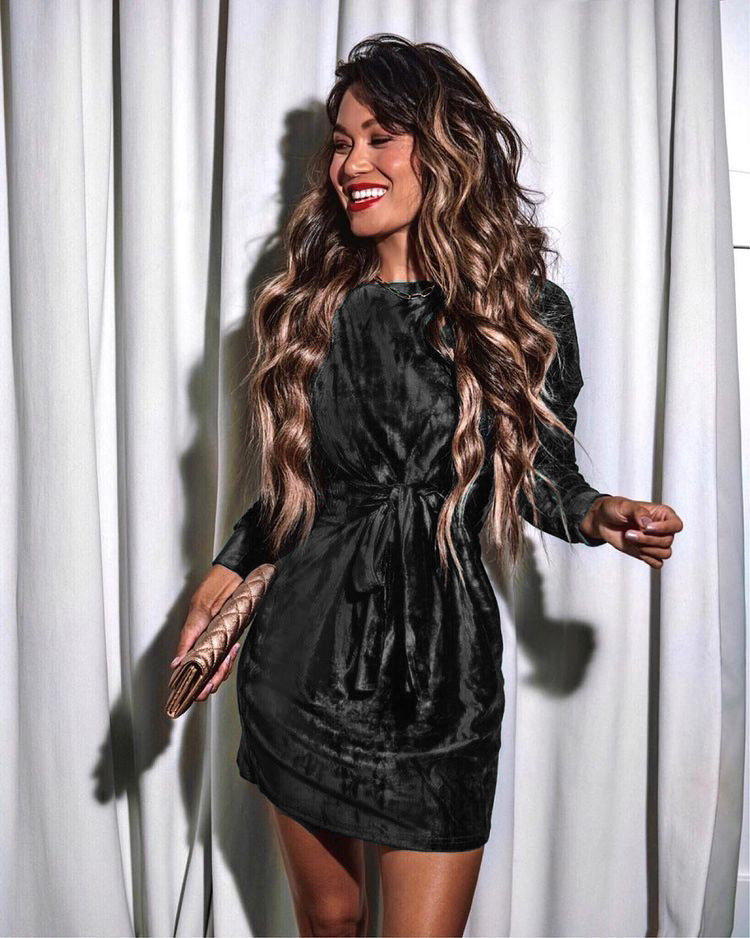 Velvet Crew Neck Long Sleeve Tie Waist Bodycon Mini Dress - View 5