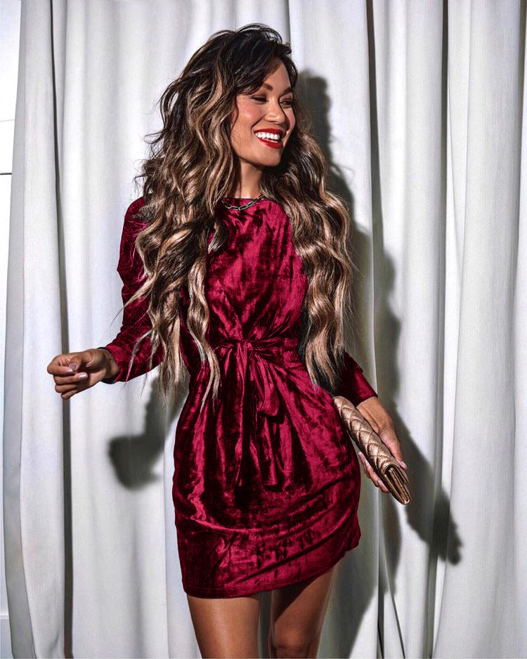 Velvet Crew Neck Long Sleeve Tie Waist Bodycon Mini Dress - View 4