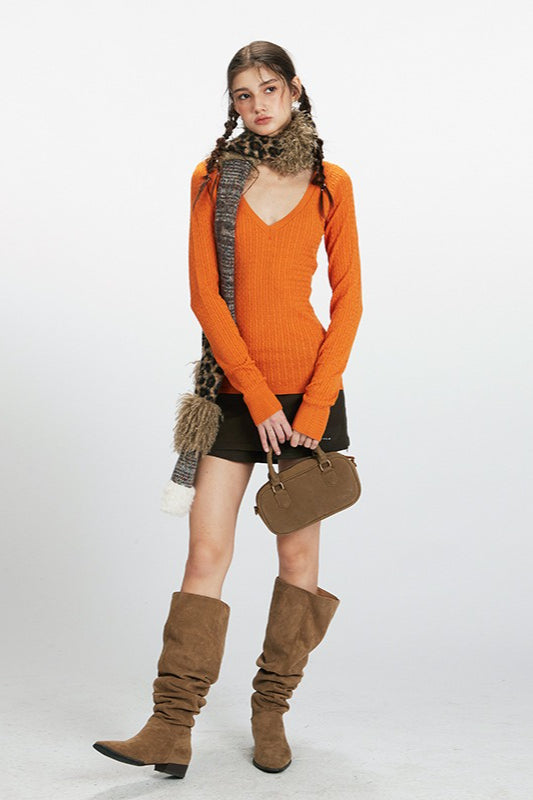 Deep V-Neck Solid Knit Top