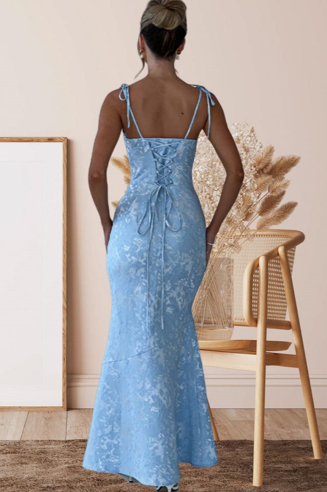 Jacquard Square Neck Backless Mermaid Maxi Dress