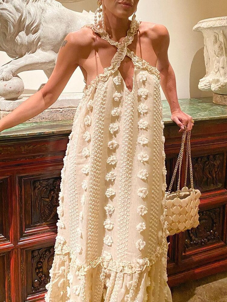 Halter Neck Keyhole Tiered Textured Dot Applique Maxi Dress